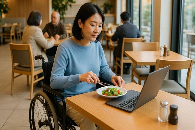무장애 외식환경이 조성된 매장에서 휠체어 손님이 편안하게 식사 중인 장면