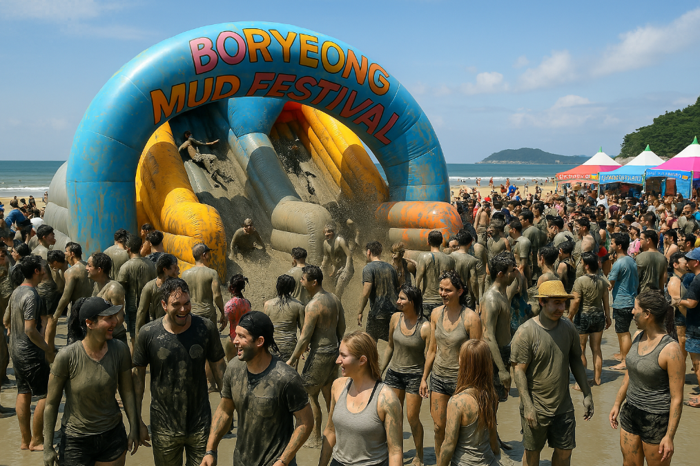 대한민국의 보령지역에서 열리는 머드축제 이미지입니다. 많은 사람들이 바닷가에서 머드를 온몸에 바르고 축제를 즐기고 있는 이미지입니다.