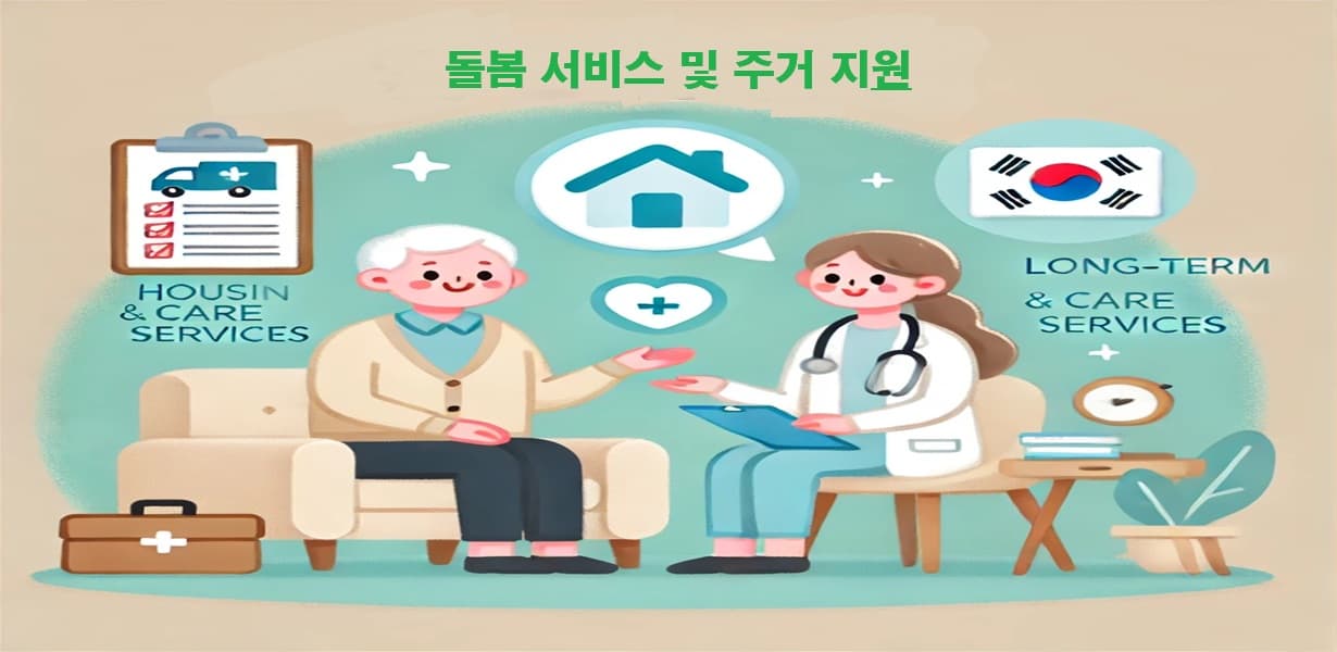 50대·60대 중장년층이 돌봄 서비스와 주거급여 지원 상담을 받는 장면 – 집 아이콘과 케어 심볼이 함께 표현된 이미지