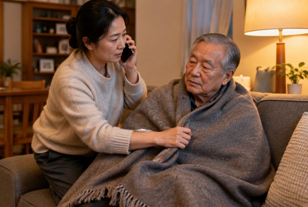 저체온증이 의심되는 어르신을 마른 담요로 감싸는 가족