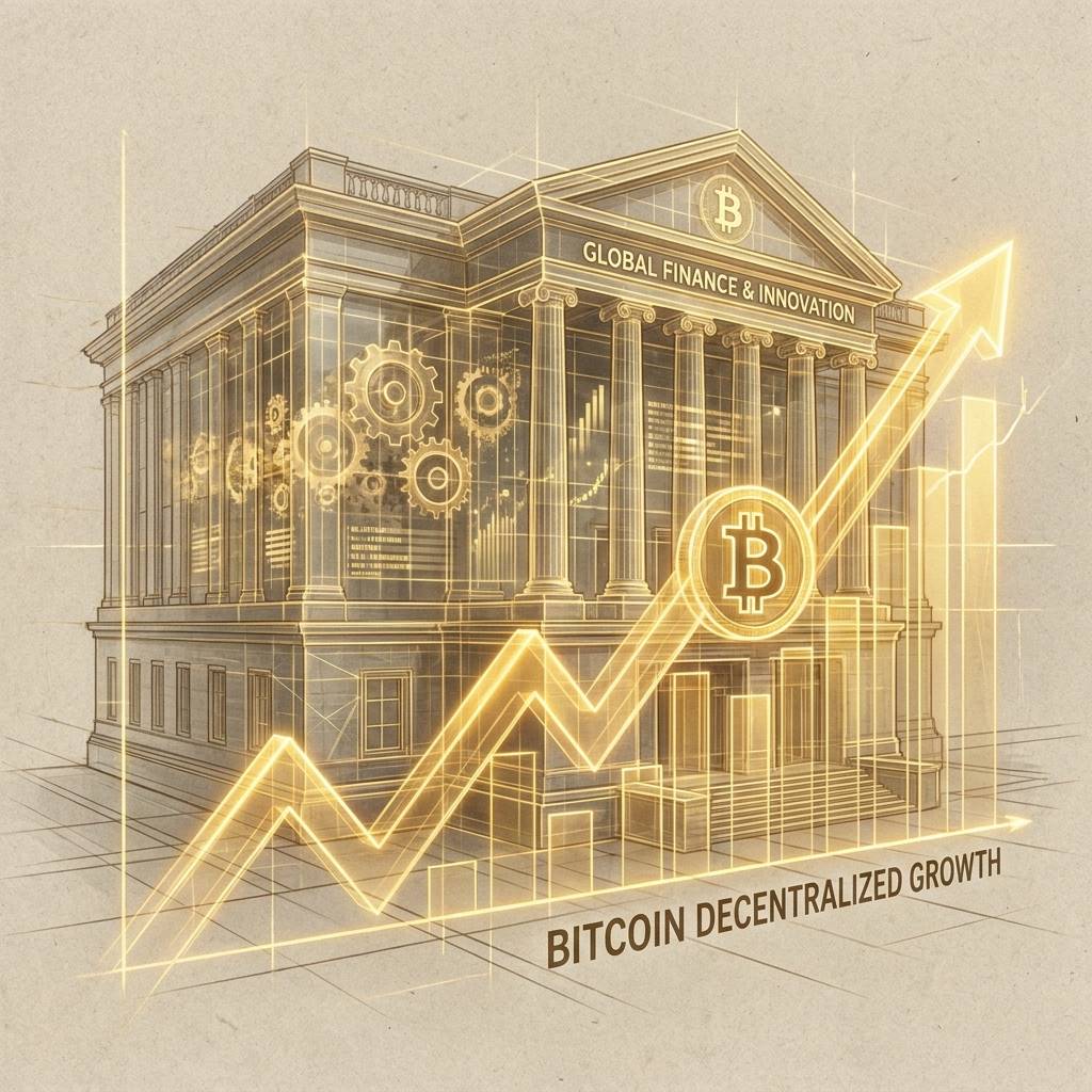 상승 곡선을 그리는 황금색 비트코인 차트와 글로벌 금융 기관 건물이 투명하게 합성된 일러스트