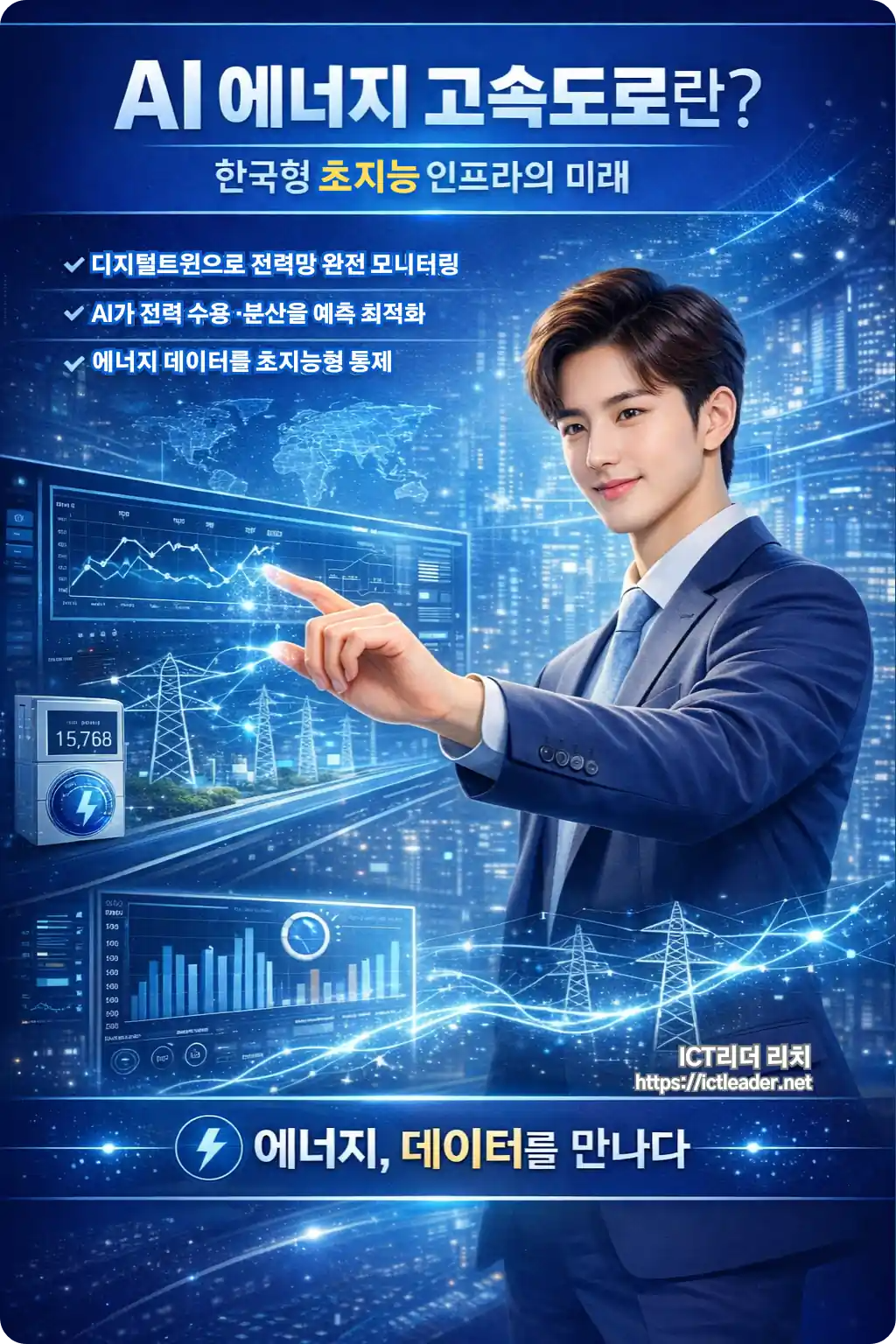 디지털트윈 기반 전력망을 분석하고 AR 인터페이스를 통해 데이터를 해석하는 남성 전문가의 고화질 인포그래픽.