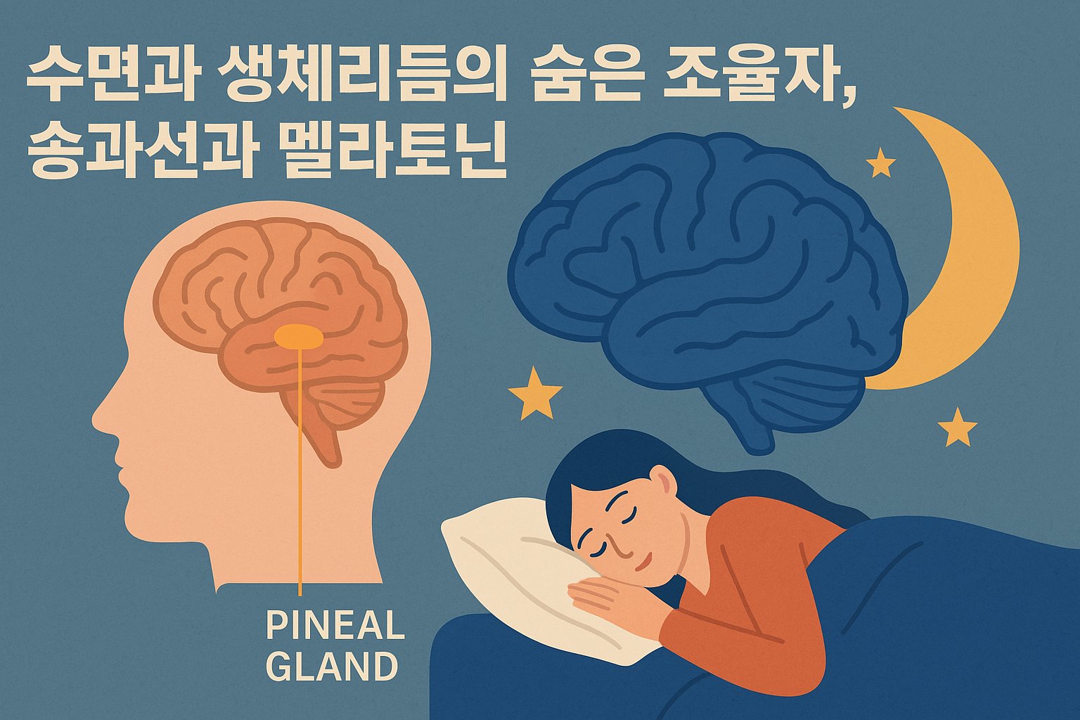 이 이미지는 송과선과 멜라토닌의 역할을 시각적으로 표현한 일러스트로, 수면과 생체리듬 조절의 중요성을 강조합니다. 머리 속 송과선의 위치와 달빛 아래 안정된 수면을 취하는 인물을 통해 멜라토닌의 기능을 직관적으로 전달합니다.