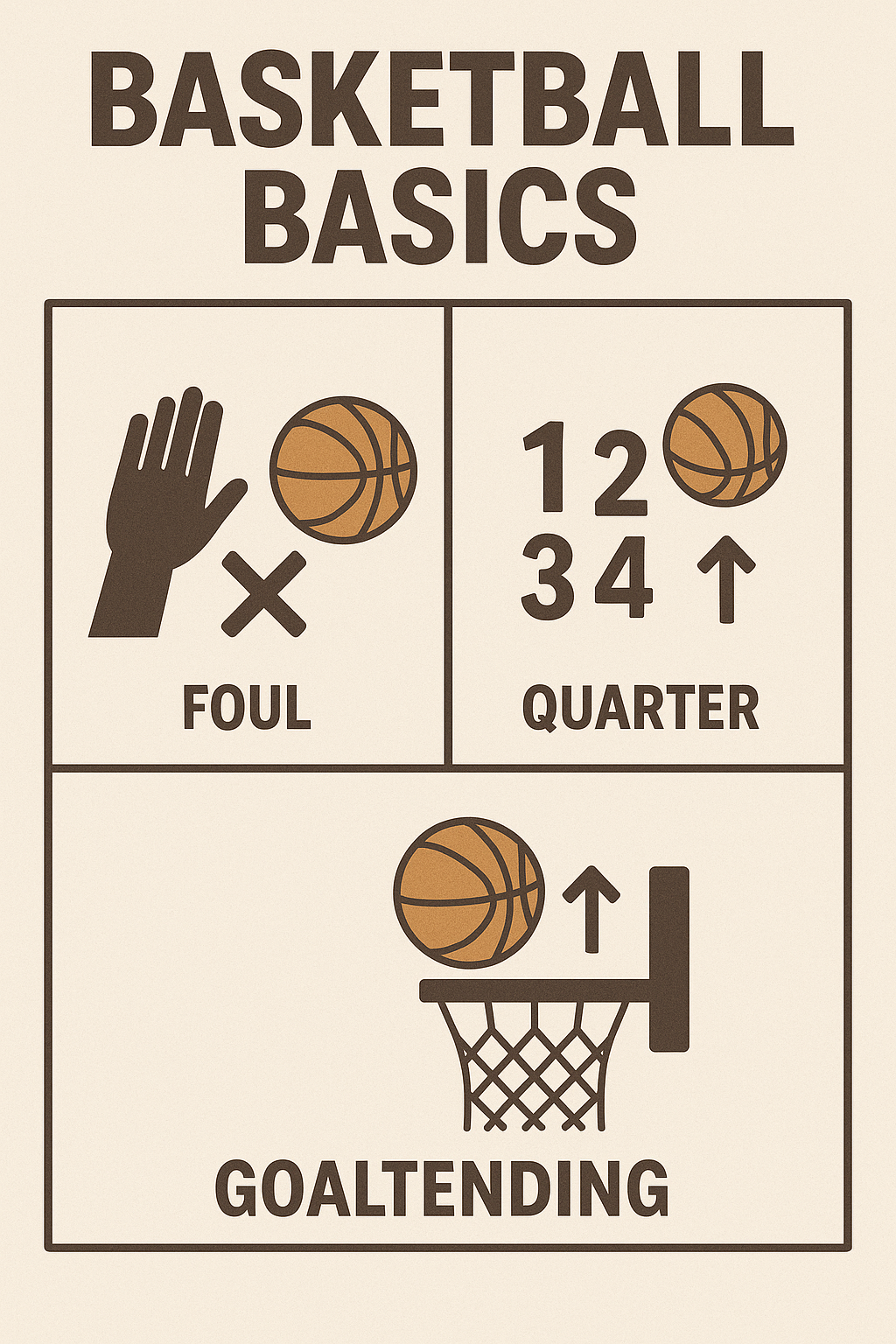 농구 입문자용 기본 규칙 포스터 &ndash; 파울, 쿼터, 골텐딩 시각적 설명