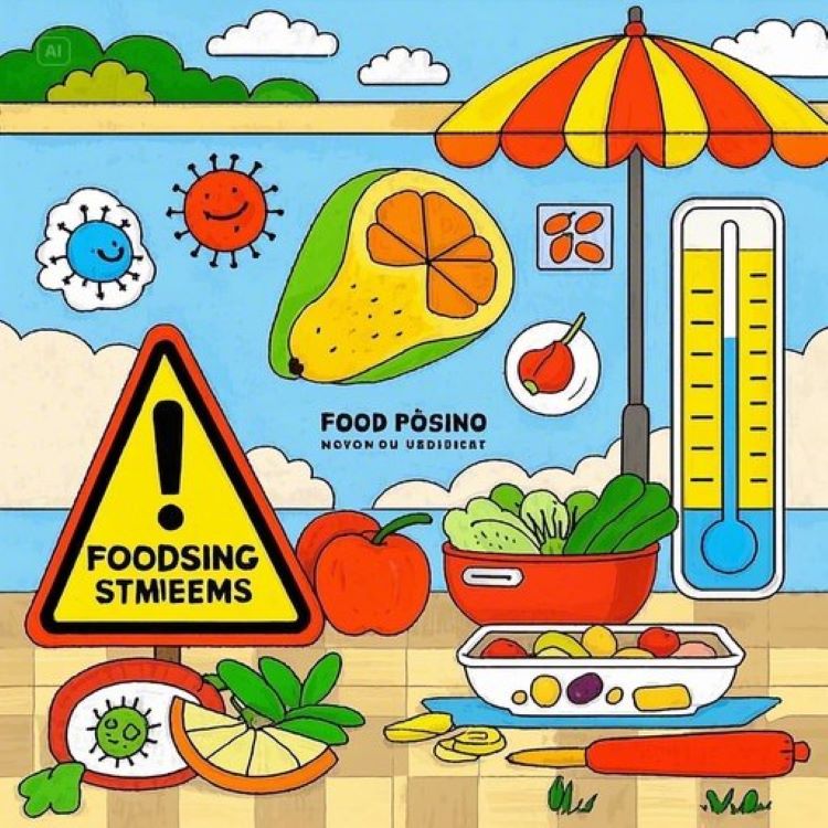 여름철 식탁 위의 다양한 음식들과 함께 식중독 증상을 나타내는 인포그래픽 이미지. 왼쪽에는 신선한 과일과 채소가, 오른쪽에는 온도계와 세균 아이콘이 있는 경고 표시판