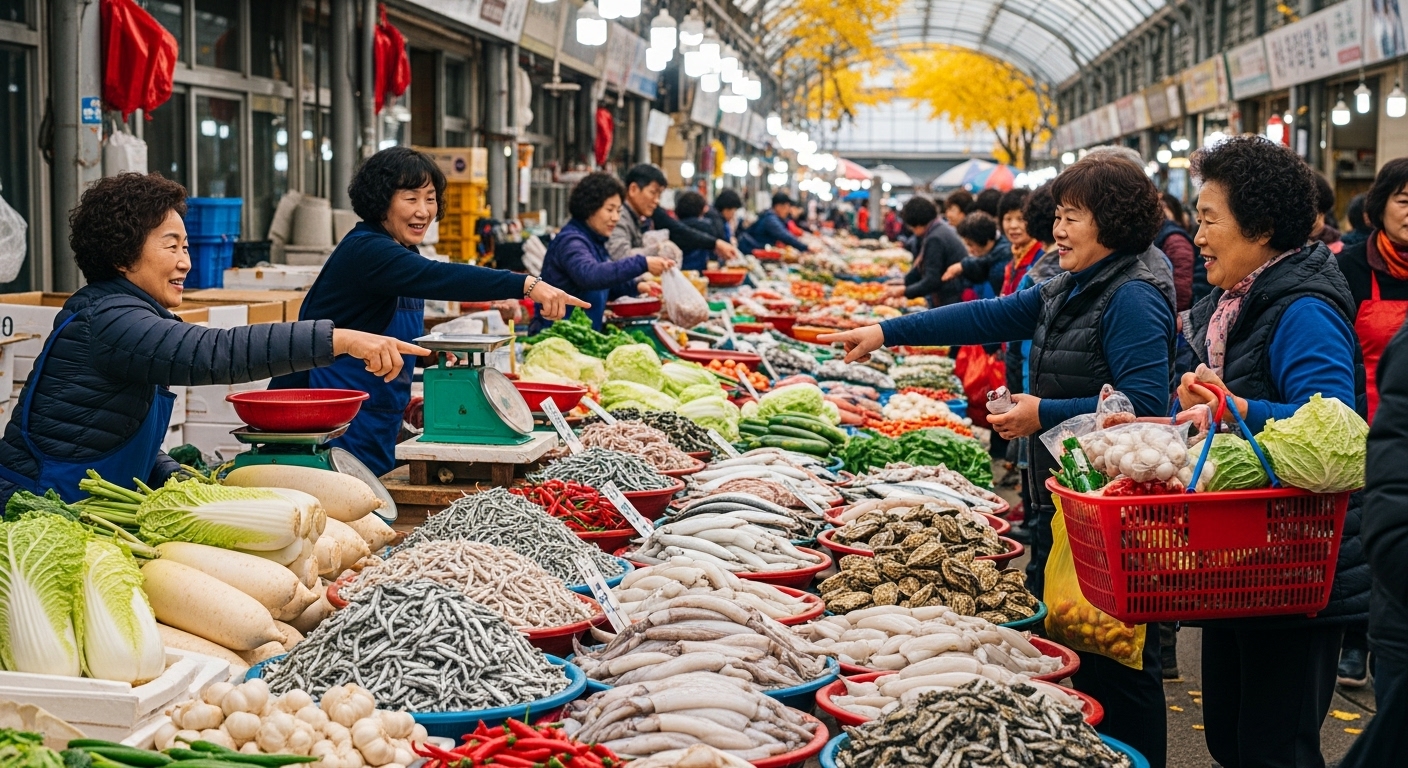김장 재료를 사기 위해 활기 넘치는 전통시장에서 신선한 수산물을 고르고 있는 사람들