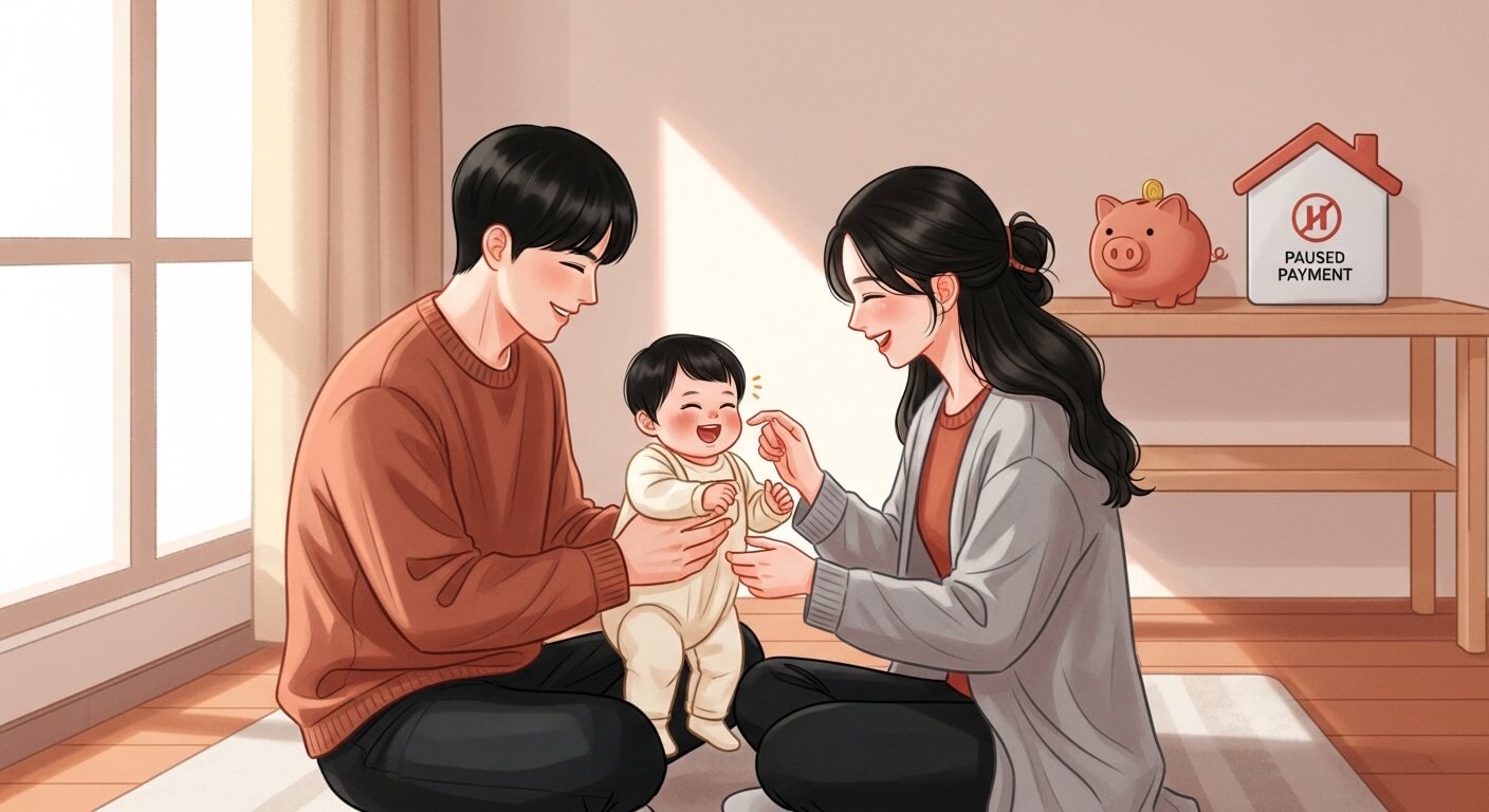 부부가 아이를 중간에두고 웃고있다