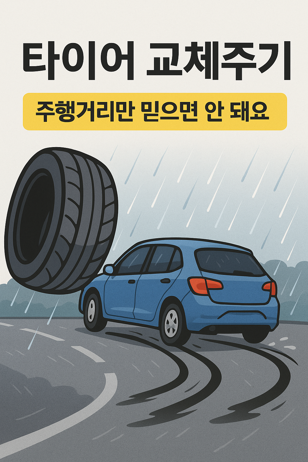 빗길에서 타이어 마모로 미끄러지는 차량 모습, 타이어 교체 시기의 중요성을 경고하는 일러스트