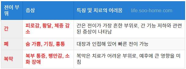 대장암 전이의 주요 부위