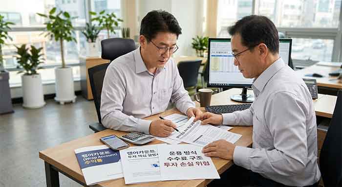 랩어카운트 투자 상담 중인 두 전문가의 모습.