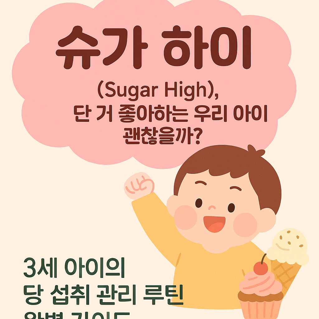&ldquo;슈가 하이(Sugar High), 단 거 좋아하는 우리 아이 괜찮을까? 3세 아이의 당 섭취 관리 루틴 완벽 가이드라는 문구가 들어간 파스텔톤 일러스트 썸네일. 아이스크림과 컵케이크를 든 귀여운 아이가 환하게 웃고 있으며, 부드러운 크림색 배경에 따뜻한 분홍색 말풍선과 명확한 제목 글씨로 구성된 디자인.&rdquo;