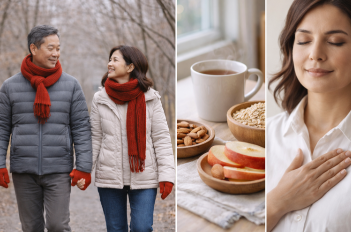 겨울 산책 중인 중장년 부부, 식이섬유와 견과류가 놓인 창가 테이블, 심장 부위에 손을 얹고 눈을 감은 여성의 모습