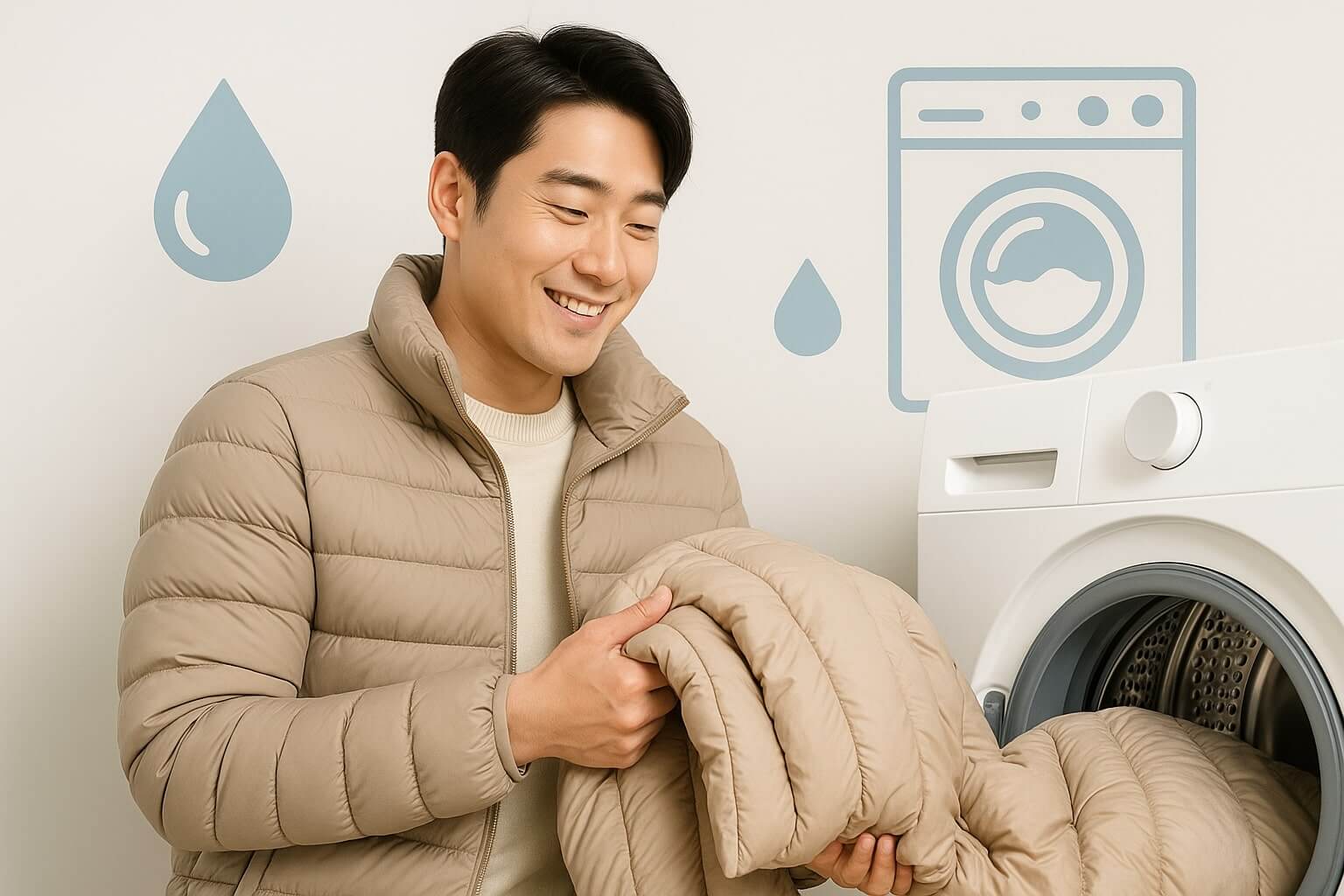 웰론 패딩을 세탁기에 넣으려는 남성
