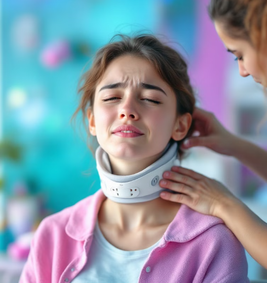 교통사고 후 목과 척추 통증으로 고통스러워 하는 여자