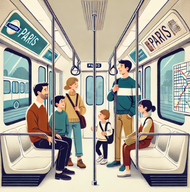 파리에서 4인 가족이 대중교통 이용하는 모습