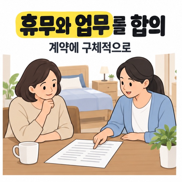 휴무와 업무를 합의 제목 아래 별도 침실이 보이는 집에서 보호자와 요양보호사가 계약 문서를 확인하는 모습