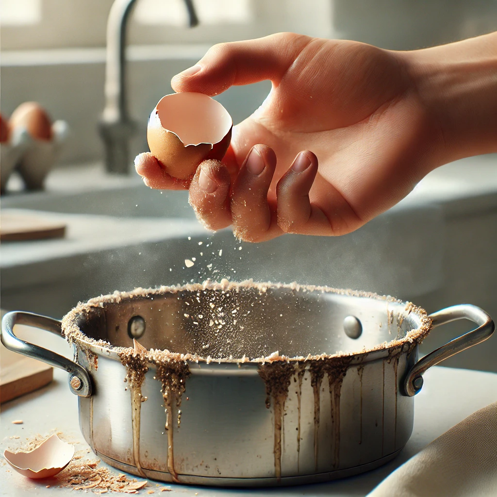 계란 껍질로 냄비에 붙은 음식물 제거하기