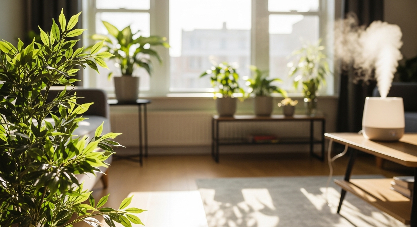 겨울철 실내에서 창가에서 약간 떨어진 자리와 가습기 근처에 놓인 여러 화분 식물 모습