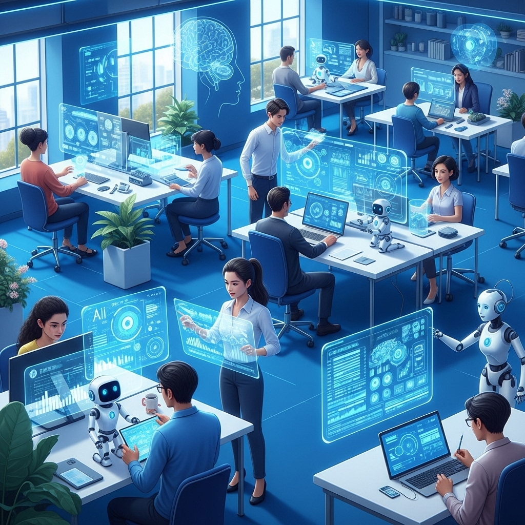 미래 지향적인 사무실에서 다양한 사람들이 AI와 협력하며 작업하는 모습, 배경에 뇌 이미지가 통합된 혁신적이고 긍정적인 분위기의 디지털 아트