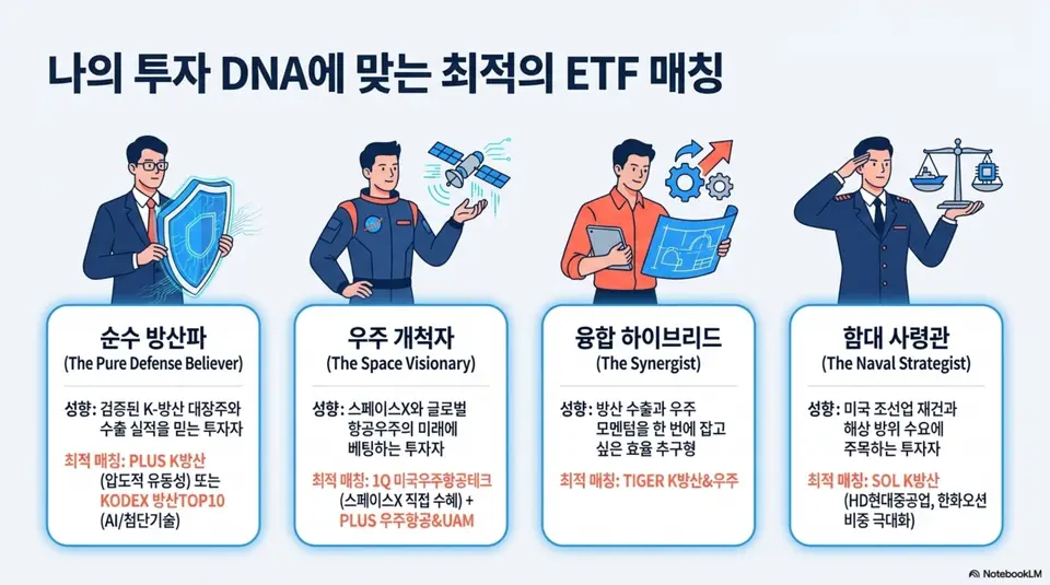 방산, 우주항공 ETF: 투자 성향별 방산 우주항공 ETF 추천 매칭 인포그래픽. 순수 방산파에는 PLUS K방산 또는 KODEX 방산TOP10을 우주 개척자에는 1Q 미국우주항공테크와 PLUS 우주항공 UAM을 융합 하이브리드에는 TIGER K방산 우주를 함대 사령관에는 SOL K방산을 매칭