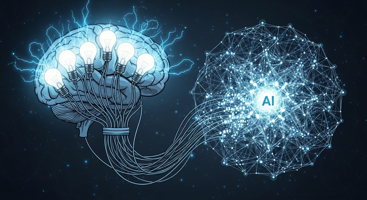 AI의 도움으로 아이디어를 얻는 과정을 표현한 그림