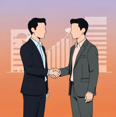 홈페이지 제작업체 직원과 의뢰인이 악수하는 예시 일러스트