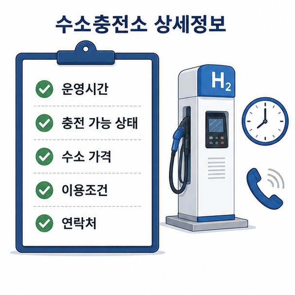 수소충전소 방문 전에 운영시간, 충전 가능 상태, 수소 가격, 이용조건과 연락처를 확인하는 체크리스트 그림