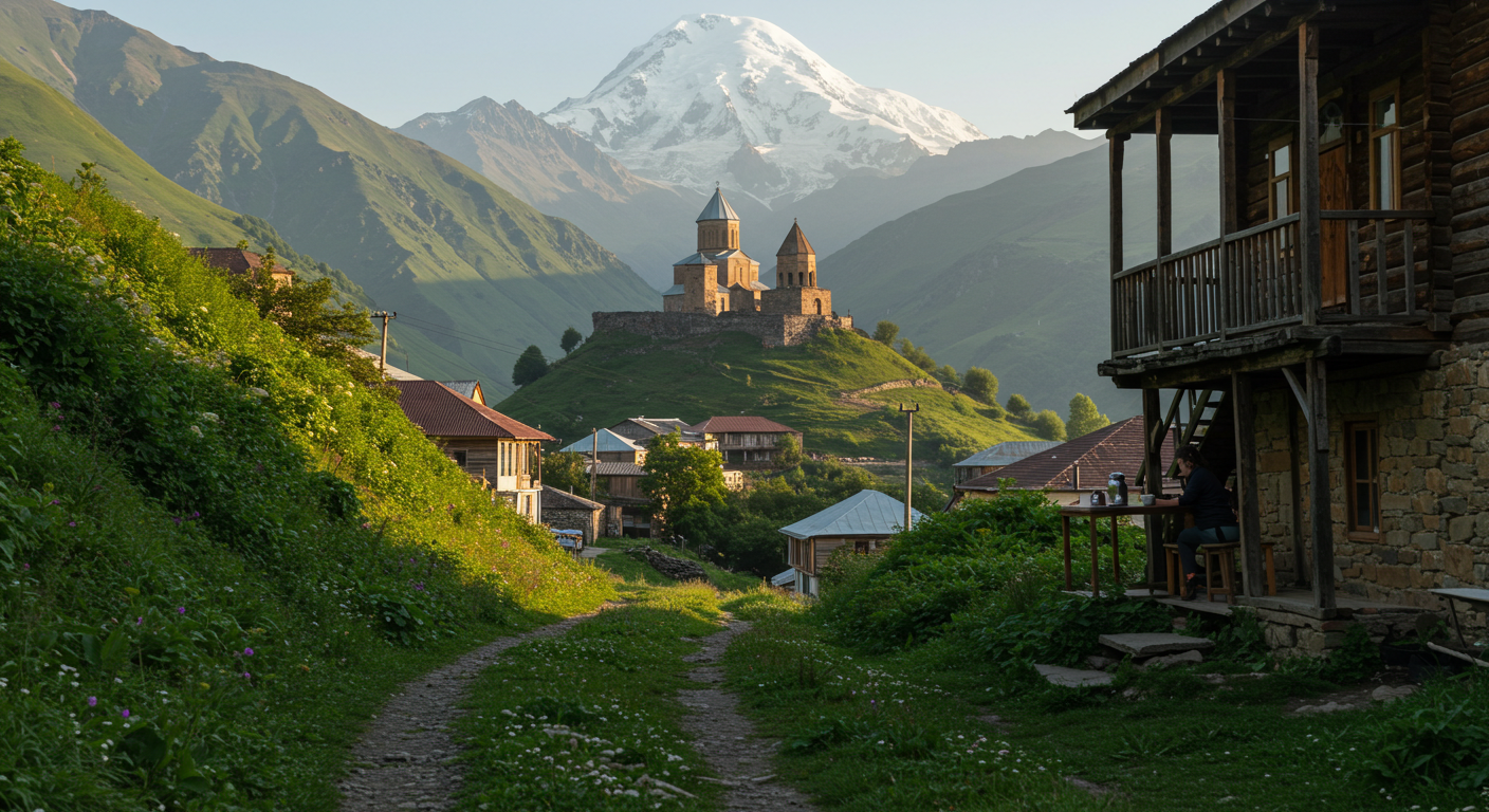 게르게티 성삼위일체 교회가 보이는 산길