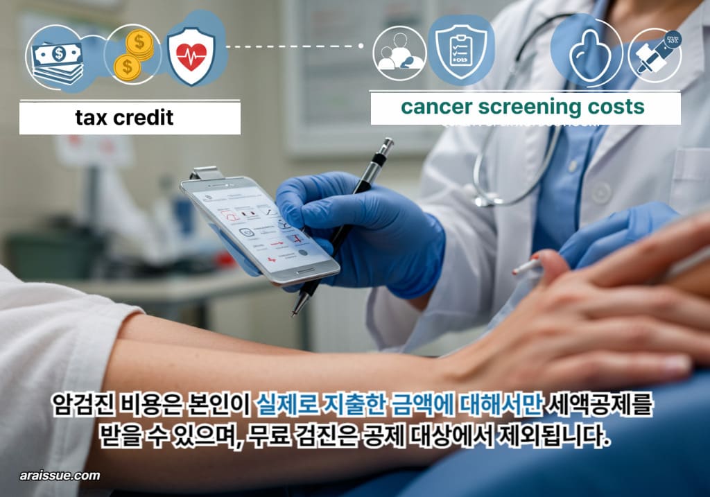 무료 암검진과 유료 암검진을 구분하며, 세액공제 대상이 되는 비용을 설명하는 이미지.