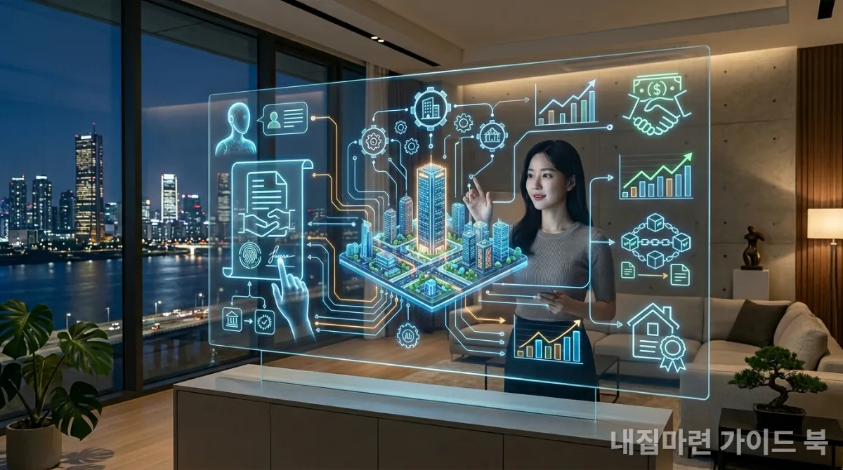 AI 에이전트가 자동화된 부동산 거래를 진행하는 미래 도시 모습