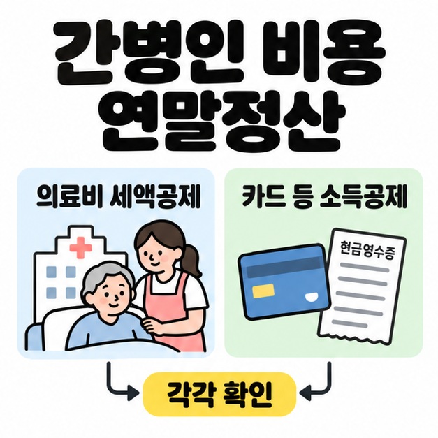 간병인 비용 연말정산 제목 아래 의료비 세액공제와 카드 등 소득공제를 각각 확인하도록 연결한 그림
