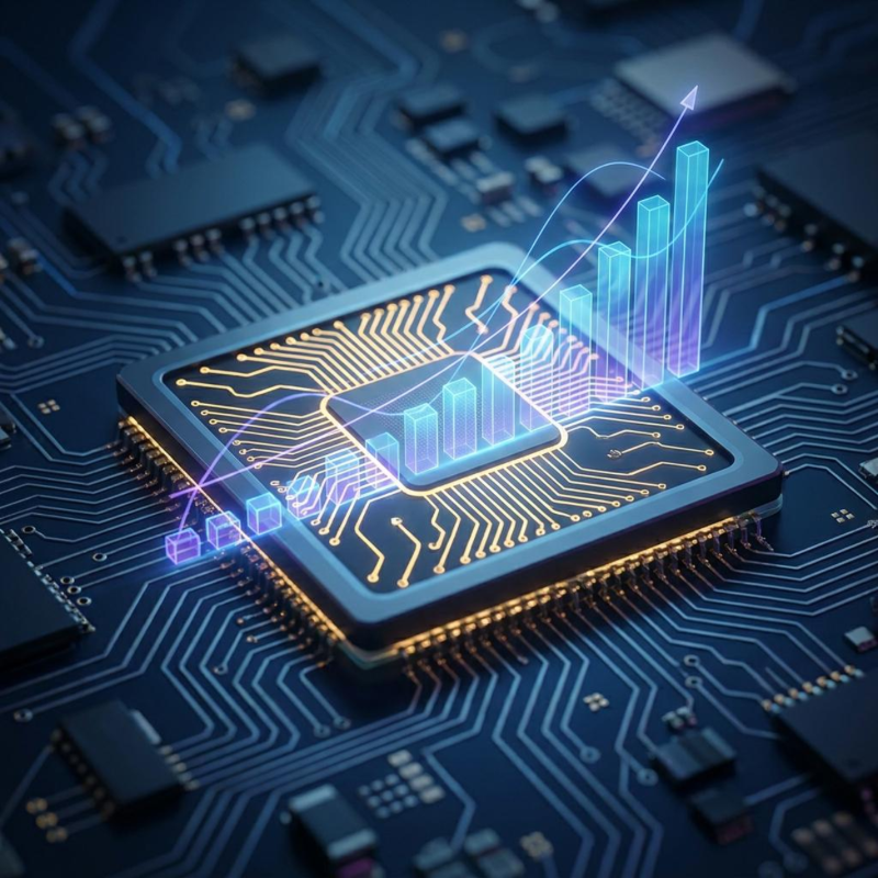 NPU 반도체와 우상향 투자 수익 차트가 결합된 미래 지향적 이미지