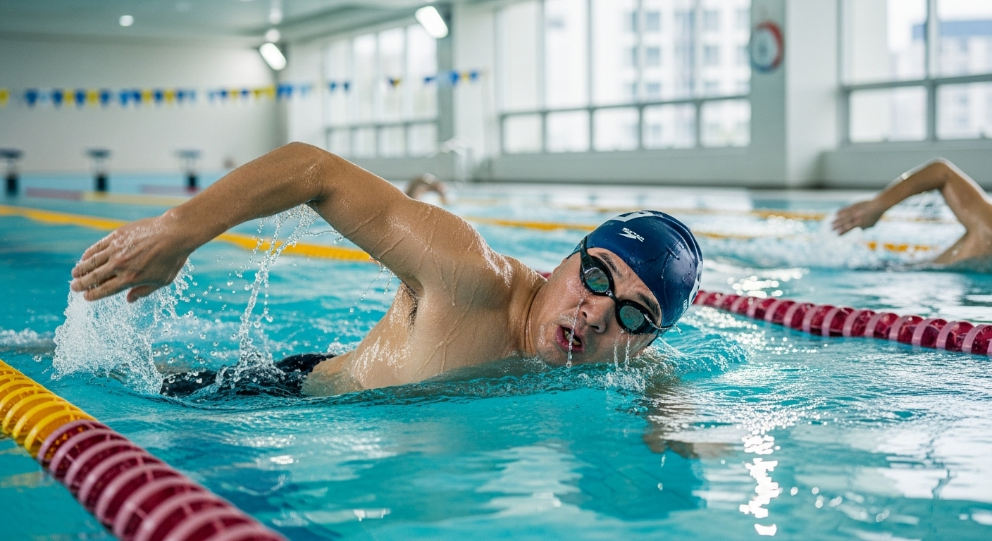 중년 남성이 운동으로 수영하는 모습