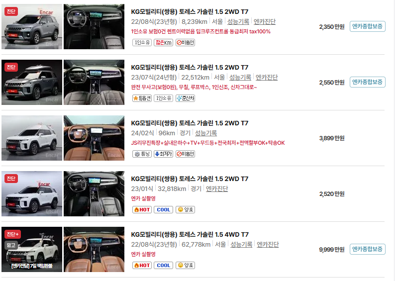 쌍용 토레스 중고차 가격 시세표 유지비