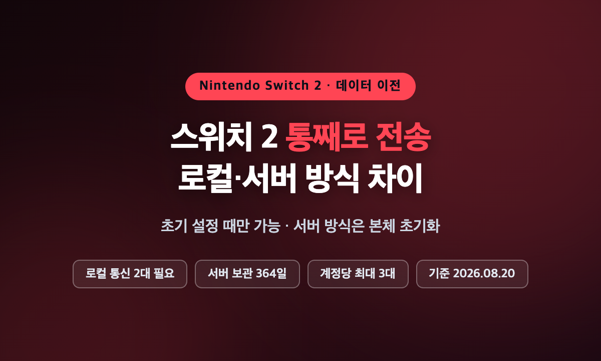 닌텐도 스위치 2 통째로 전송과 저장 데이터 이사 차이 정리 대표 이미지, 로컬 통신과 서버 전송 비교 표시