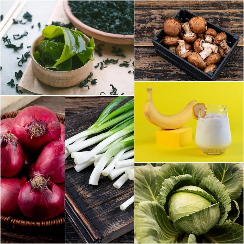 해조류, 버섯, 바나나, 우유, 양파, 파, 양배추 식품 사진