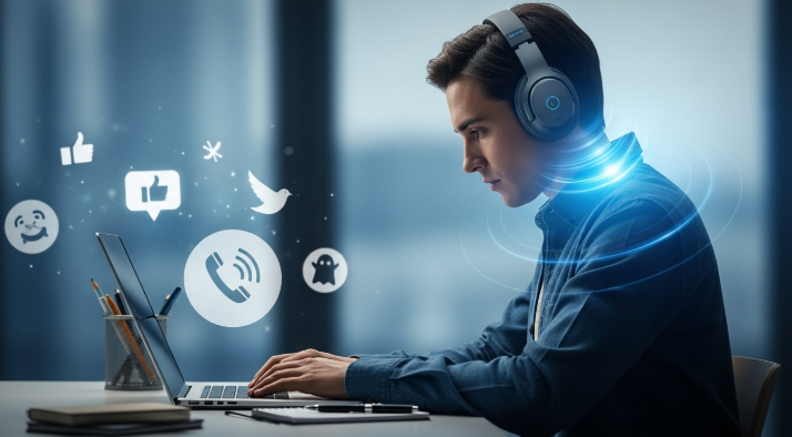 노이즈 캔슬링 헤드폰을 착용한 사람이 업무에 깊이 몰입해 있고, 주변의 흐릿한 디지털 방해 요소들과 대비되어 고도의 집중력을 강조하는 이미지.