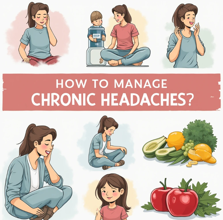 만성 두통 관리를 위한 다양한 방법들을 보여주는 이미지 콜라주. 약물, 운동, 명상, 건강한 식단 등이 포함되어 있습니다.