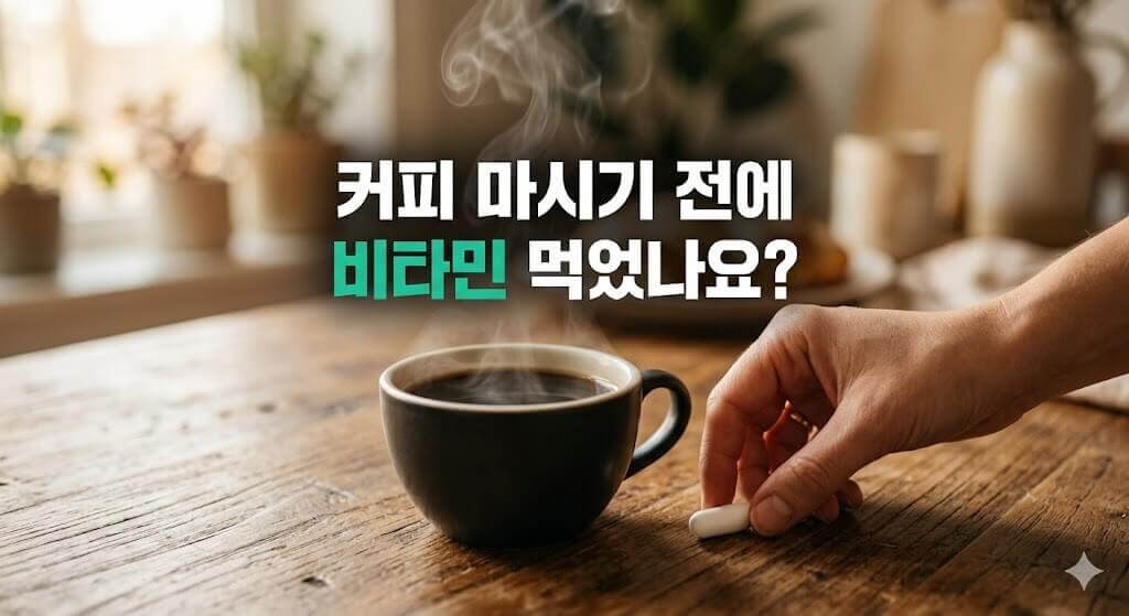 식탁에 놓인 커피 한잔과 비타민을 놓고 있는 손