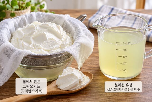 집에서 직접 만든 꾸덕한 수제 그릭 거트와 유리병에 따로 모아둔 맑은 유청