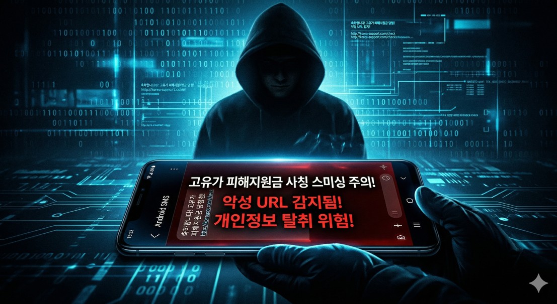 어두운 배경에서 해커의 그림자가 스마트폰 위로 드리워진 긴장감 넘치는 디지털 아트.