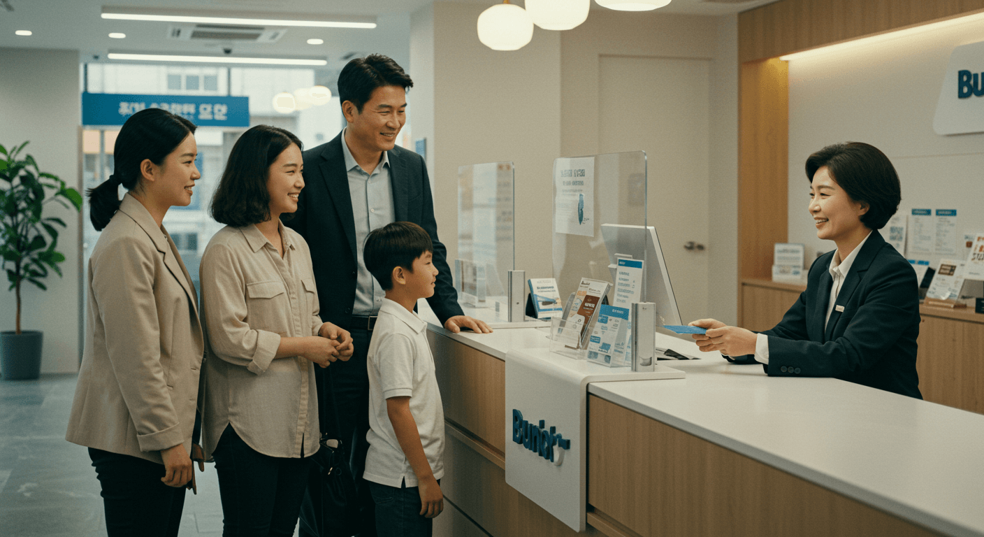 인 가족이 은행 창구에서 생활지원금을 수령하는 장면 3