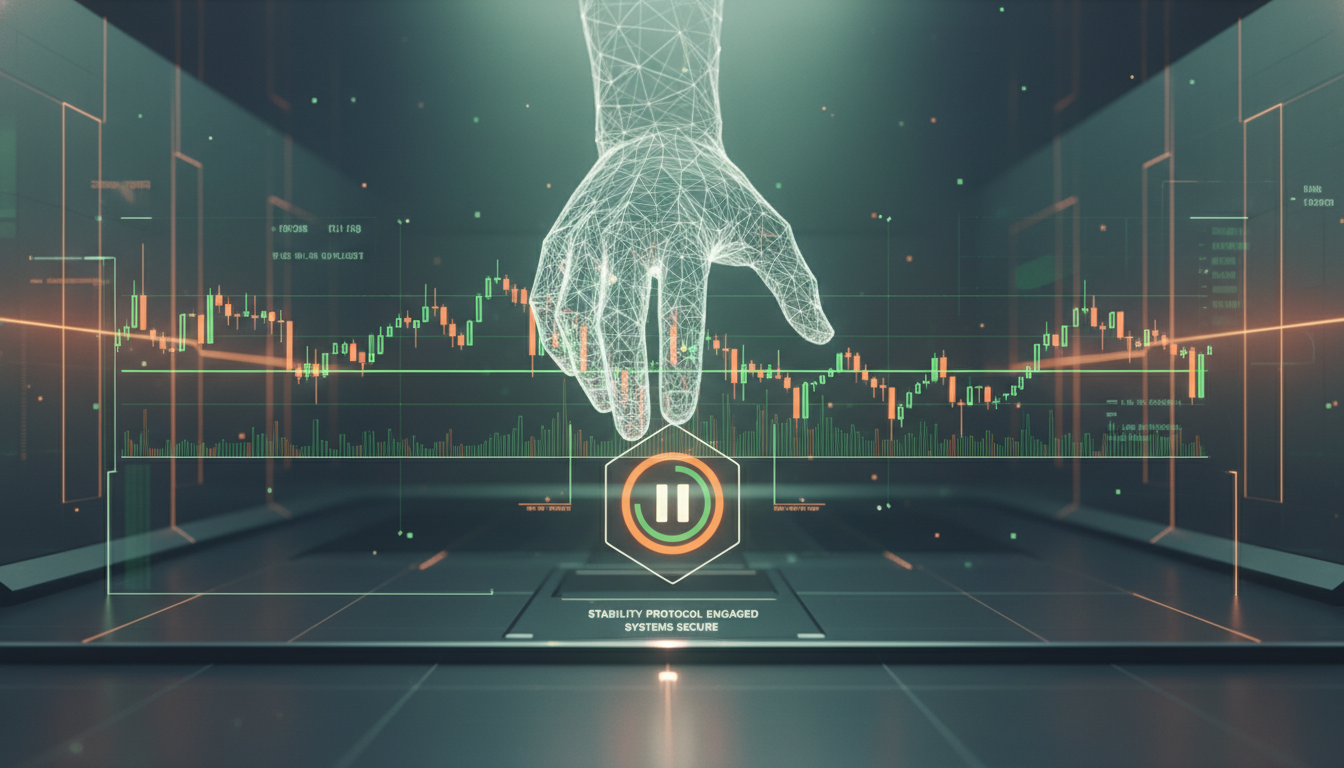 주식 시장의 급변동 속에서 사이드카와 서킷브레이커 발동을 통해 안정화를 꾀하는 모습을 형상화한 이미지. 초록색과 주황색 선으로 표현된 주식 차트 앞에서 시장 안정을 위한 제동 버튼을 누르는 손의 모습.