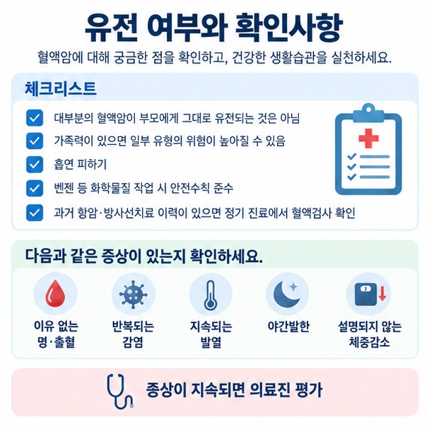 혈액암이 대부분 직접 유전되는 것은 아니며 가족력 위험노출 이상 증상을 확인하는 방법을 보여주는 이미지