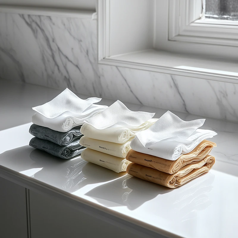 2025 물티슈 순위 비교를 위해 무향, 저자극, 살균 등 다양한 기능의 물티슈가 깨끗한 배경에서 직접적으로 비교된 장면, 위생, 비교분석, 안전한 물티슈, 살균력, 민감성