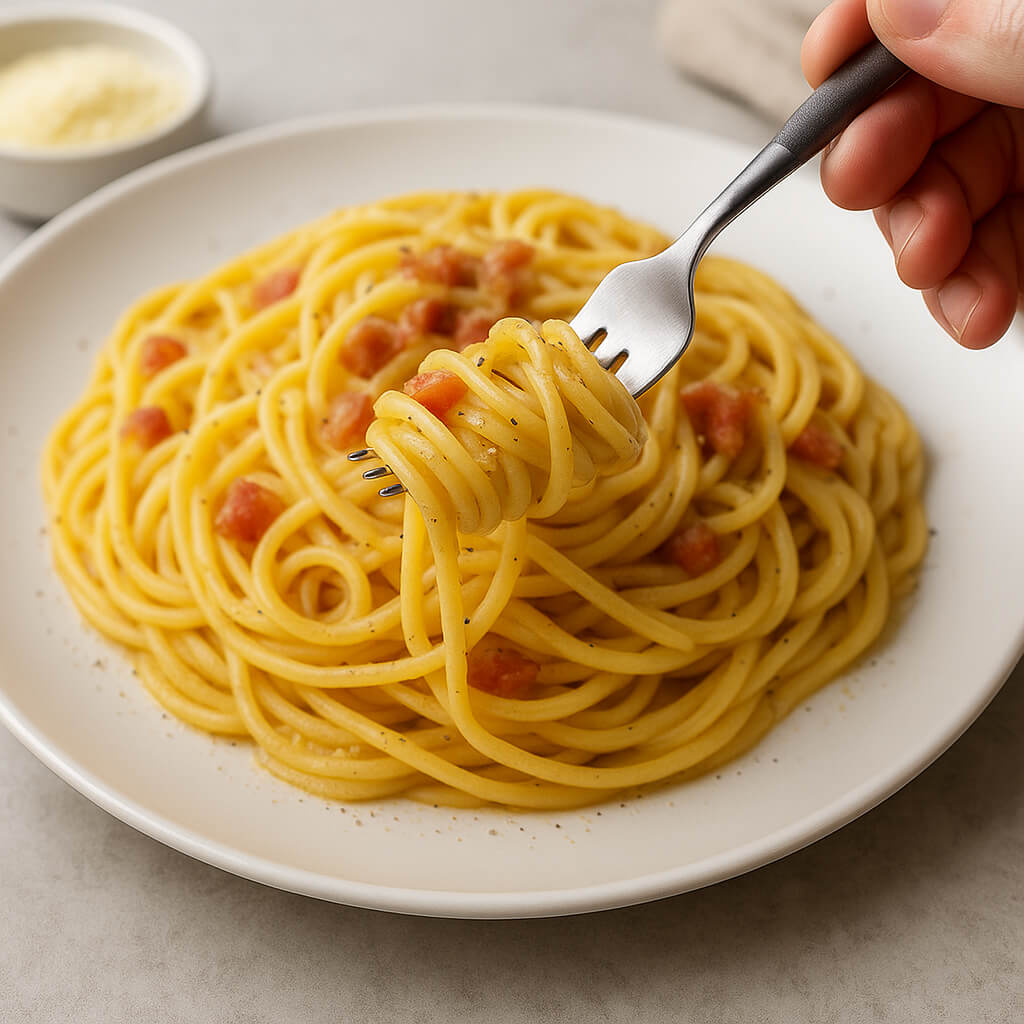 포크로 맛있게 먹는 까르보나라 파스타