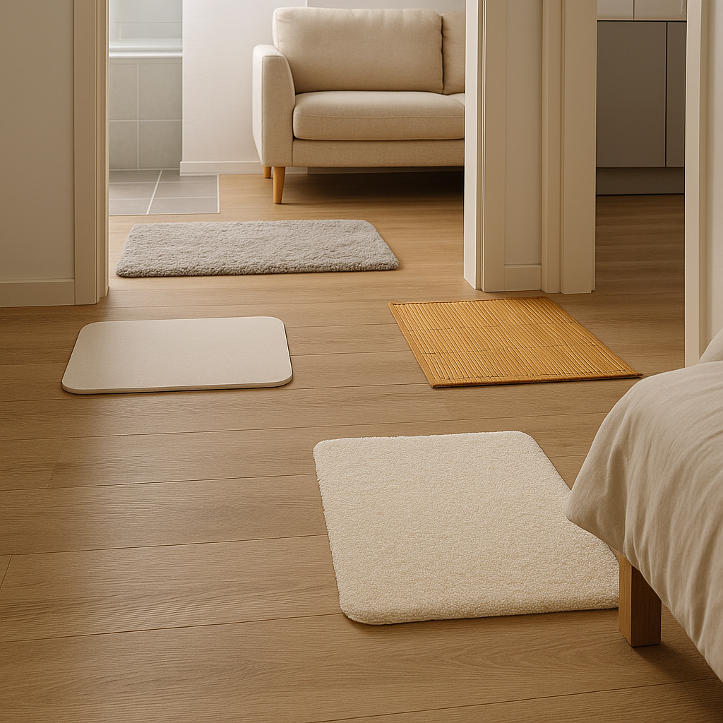 거실에는 극세사 발매트, 욕실 앞에는 규조토 발매트, 주방에는 대나무 발매트, 침대 옆에는 면 발매트가 깔려 있는 깔끔한 집안 모습