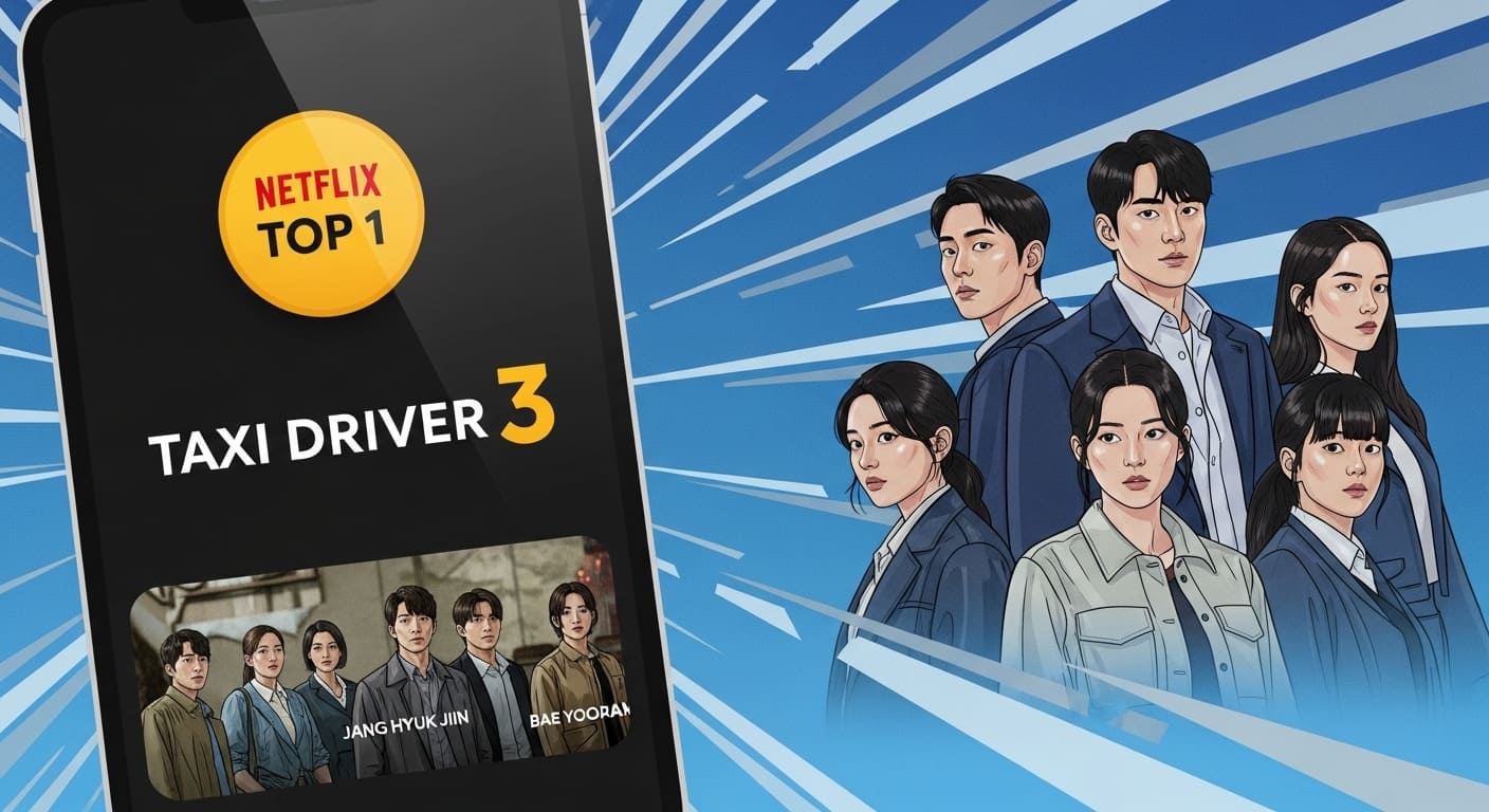 넷플릭스 국내 1위를 달성한 '모범택시3'의 화면이 스마트폰에 표시되고, 무지개 운수 팀원들이 뒤에서 승리의 표정을 짓고 있는 모습.