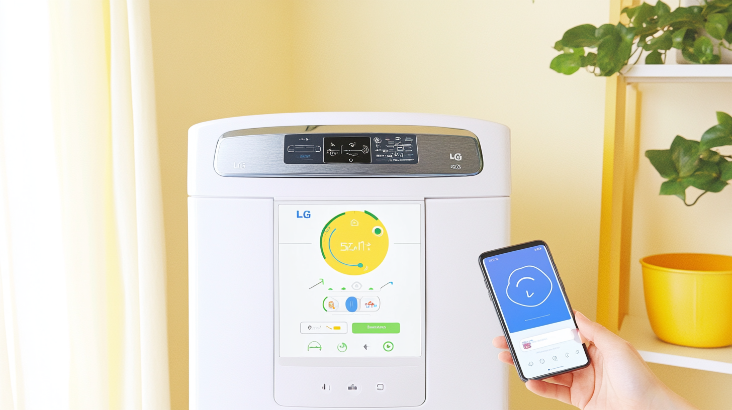 진보된 스마트홈 환경 속에서 세련된 스마트폰 애플리케이션으로 LG 워시타워를 원격 제어하는 모습. 매끄러운 통합과 편리성을 나타냄.