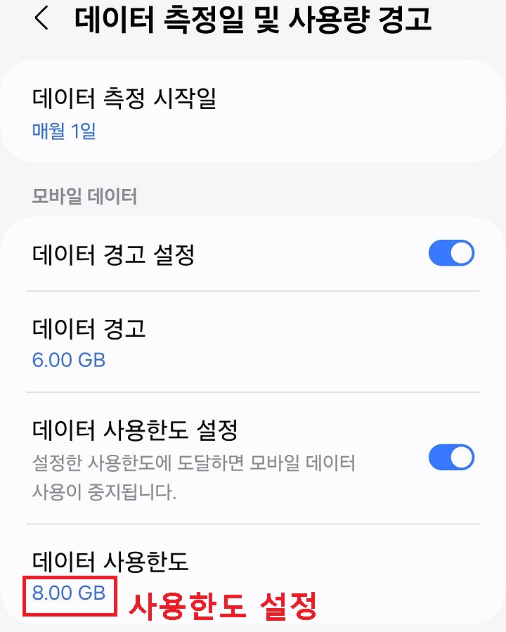 데이터 사용 한도 표시 보임